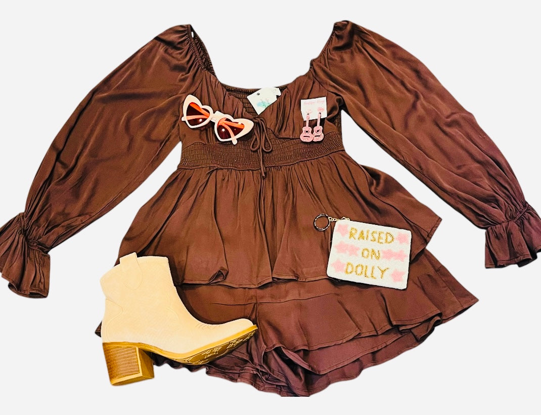 Long Sleeved Tiered Romper Brown
