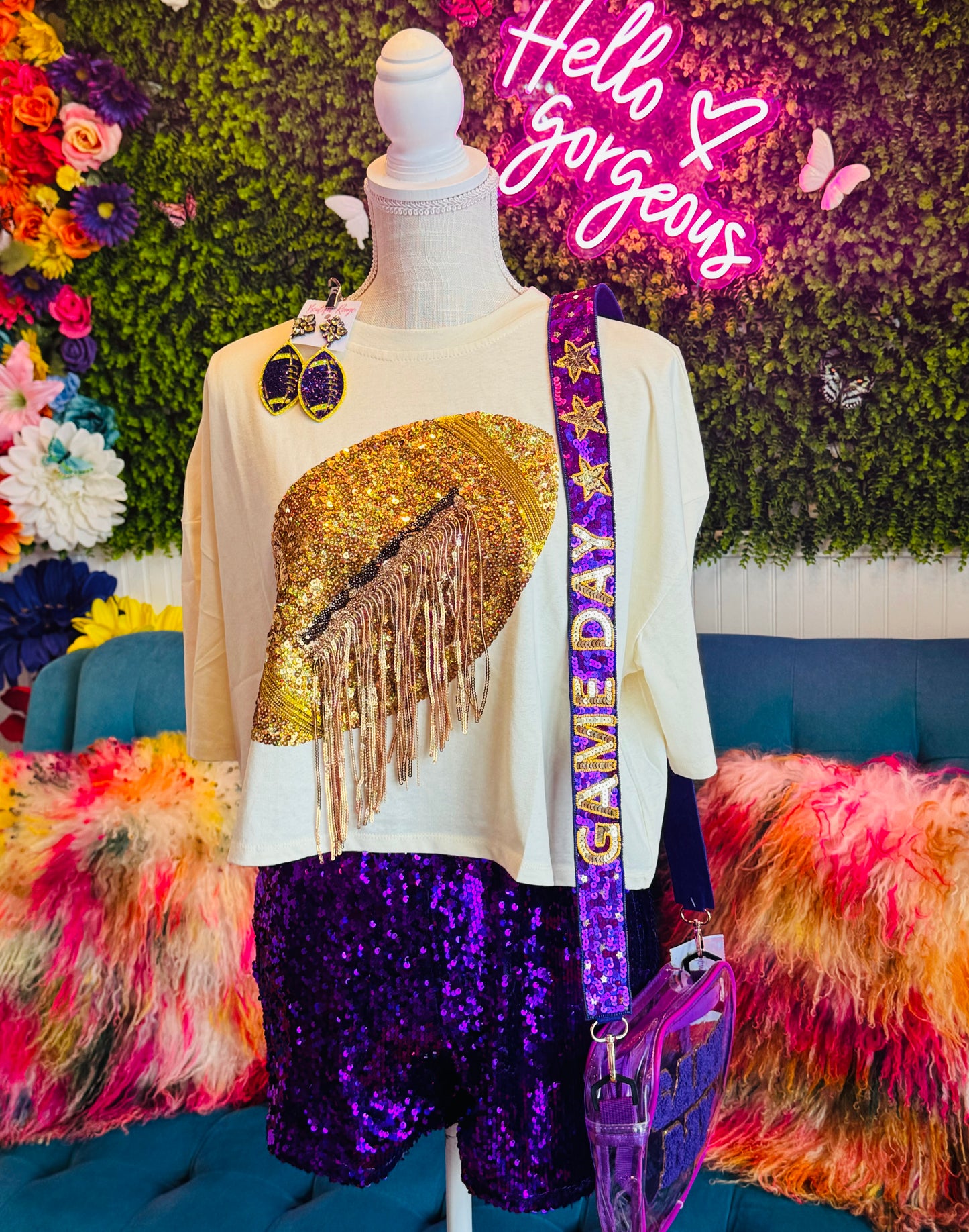 Sequin Gameday Football Fringe Tee