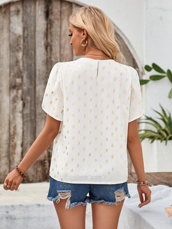 Printed Metallic Tulip Sleeve Blouse