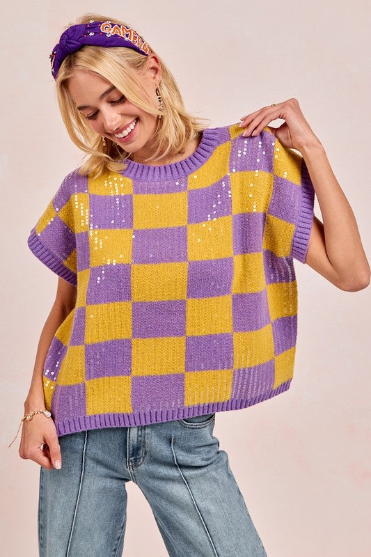 Game Day Checkered Sequin Sweater Top