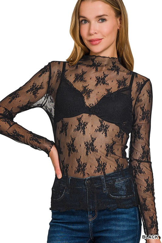 Lace Sheer Blouse Long Sleeve