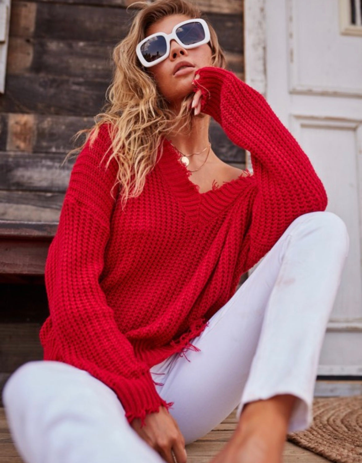 Frayed V Neck Sweater