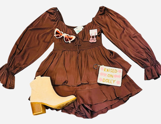 Long Sleeved Tiered Romper Brown