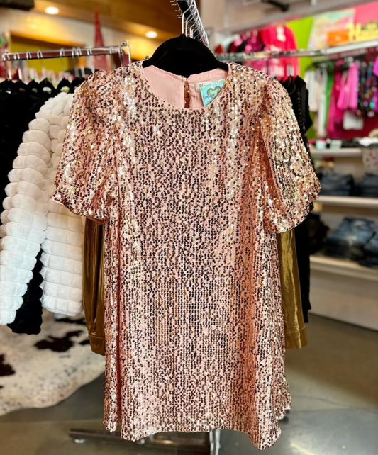 Gold Sequin Puff Sleeve Dress