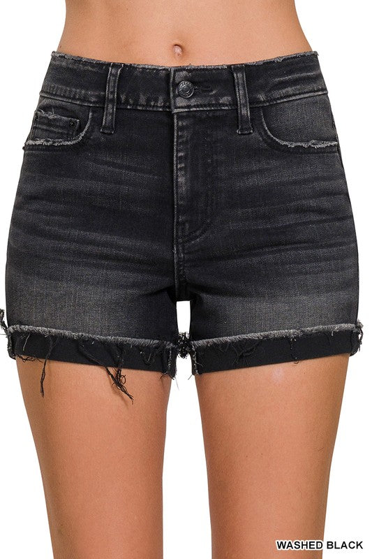 Washed Black Cuffed Denim Shorts