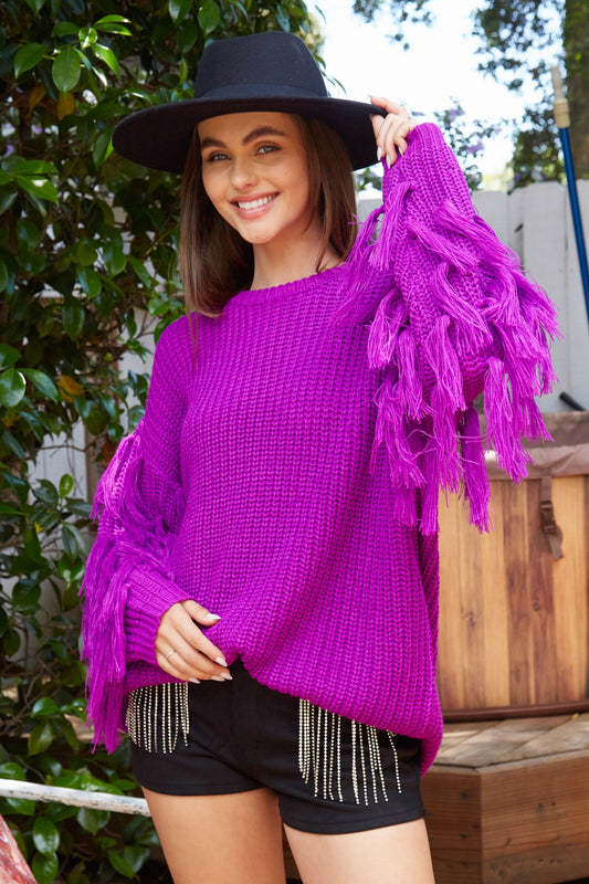 Purple Fringe Sleeve Sweater