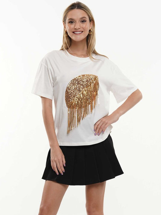 Stay Golden Sequin Fringe Football Tee