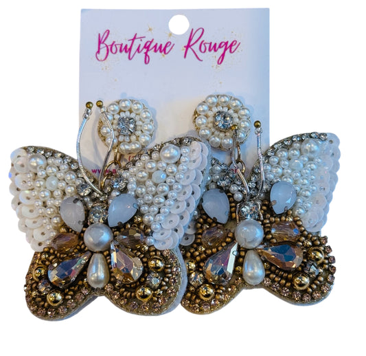 Beaded Butterfly White & Gold Earrings
