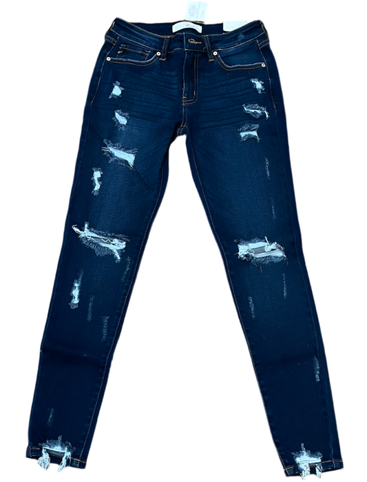 Mid Rise Super Skinny Dark Distressed Jeans