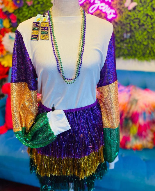 Queen of The Mardi Color Block Sequin Sleeve Top