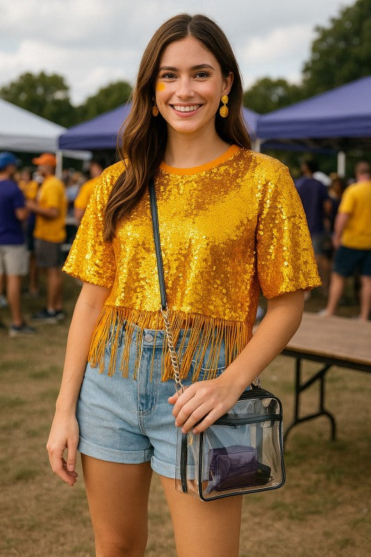 FEELING GOLDEN Sequin Fringe Top