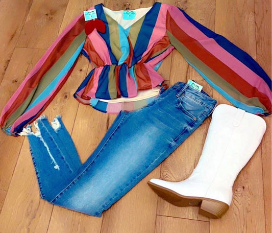 RustTealOlive Stripe PePlum Top